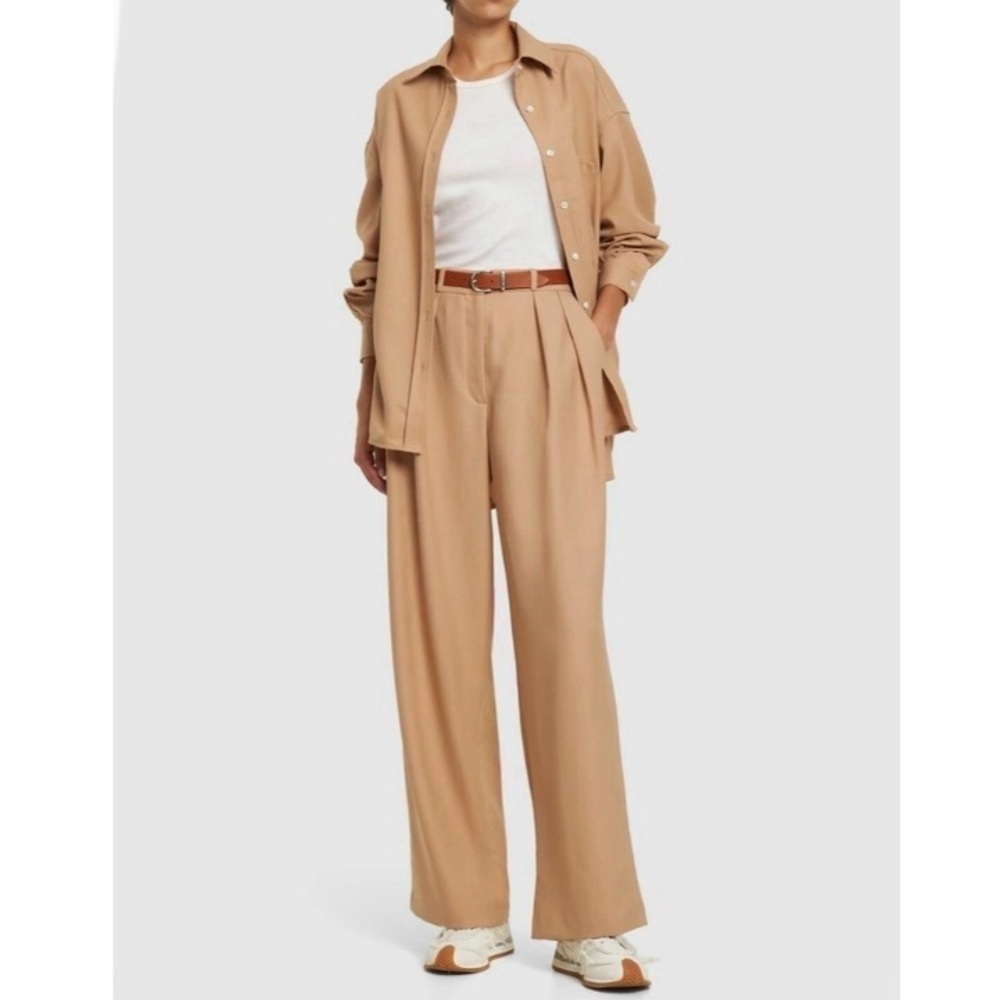 New The Frankie Shop Tansy Pleated Wide Leg Pants Trousers Medium Neutral Camel